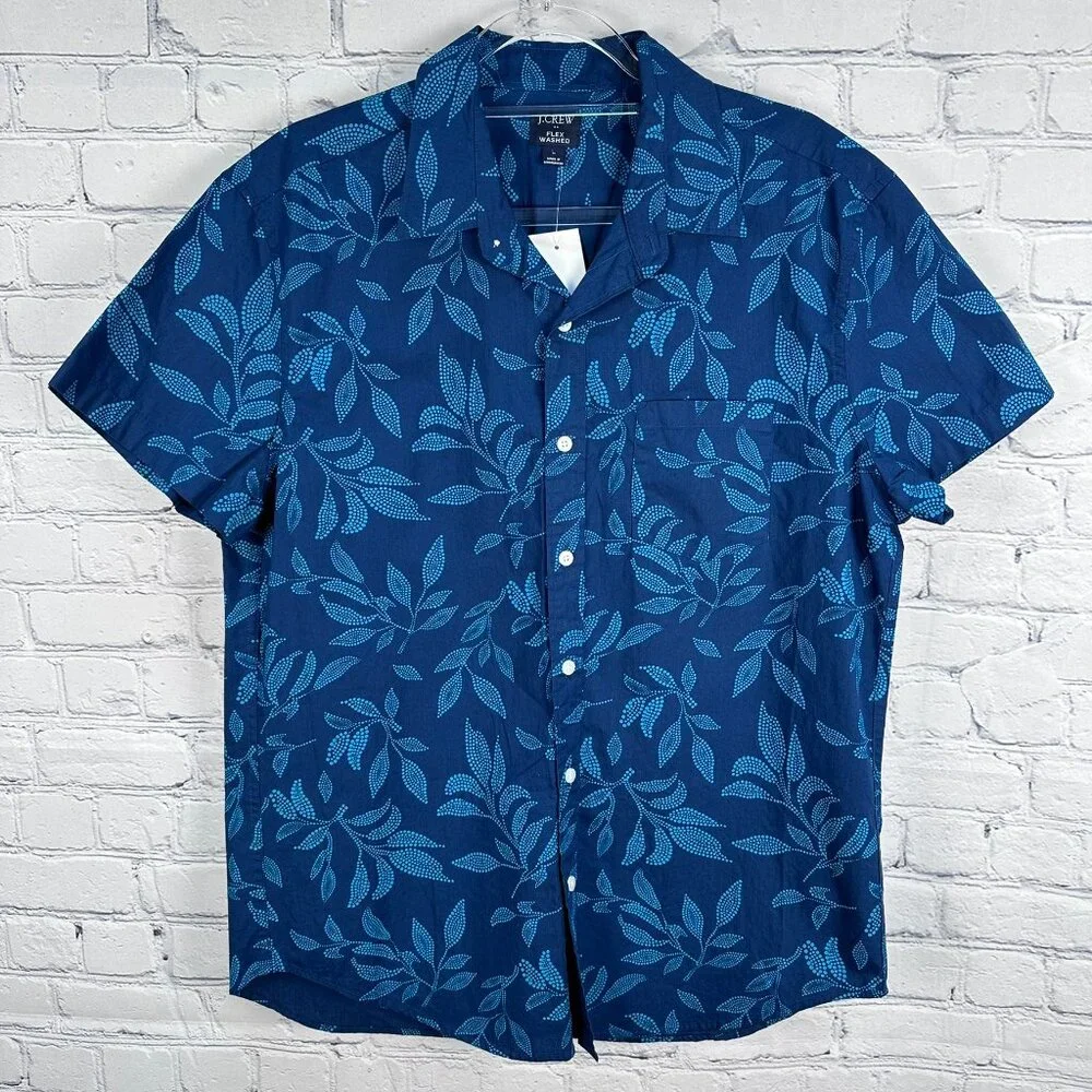 J. Crew Men's Casual Flex Washed Floral Print Short Sleeve Shirt Size Large Blue